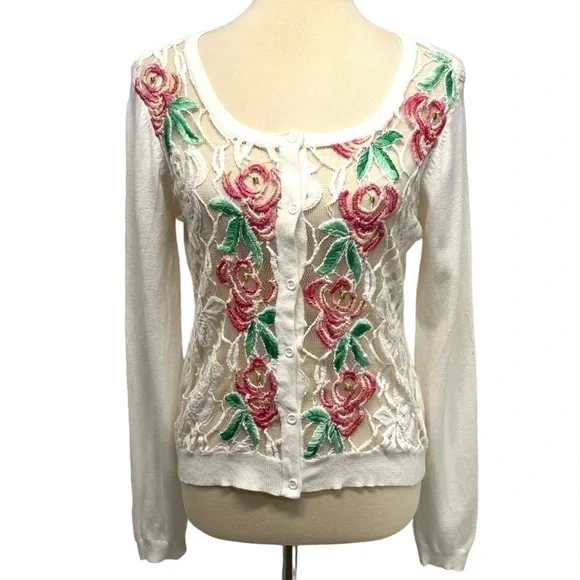 Agua Bendita White Embroidered Floral Lace Button Front Cardigan Sweater Large - Picture 14 of 14
